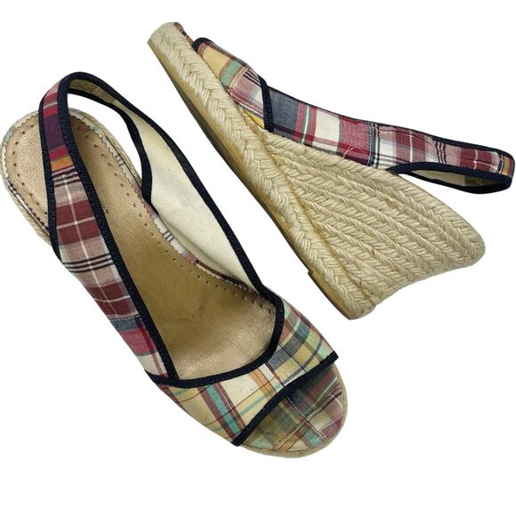 J Crew Size 7 Slingback Espadrille Wedge Heel Sandals Plaid Red Navy Open Toe - Picture 1 of 8